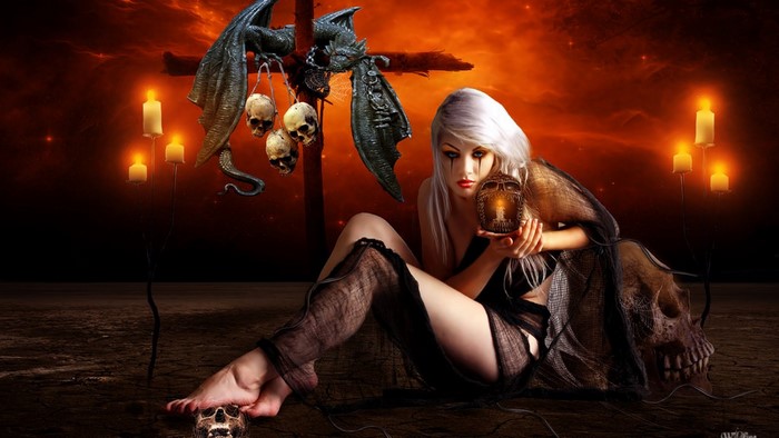 Gothic woman with dragon and skulls
