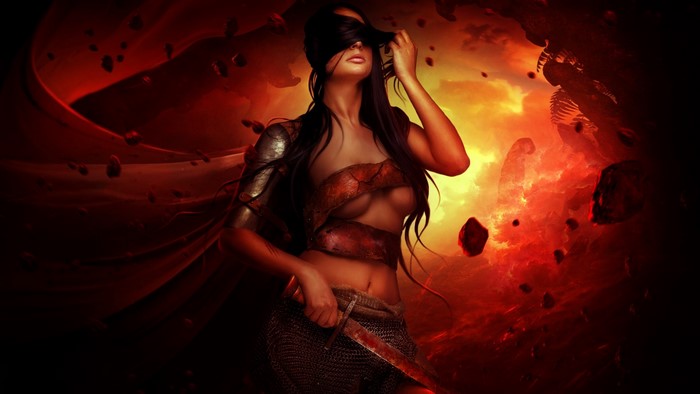 Woman with sword in fiery landscape