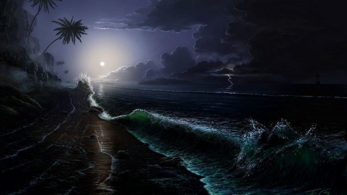 Stormy Coastline with Moon and Lightning