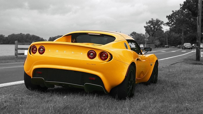 Yellow Lotus Elise car parked on grass