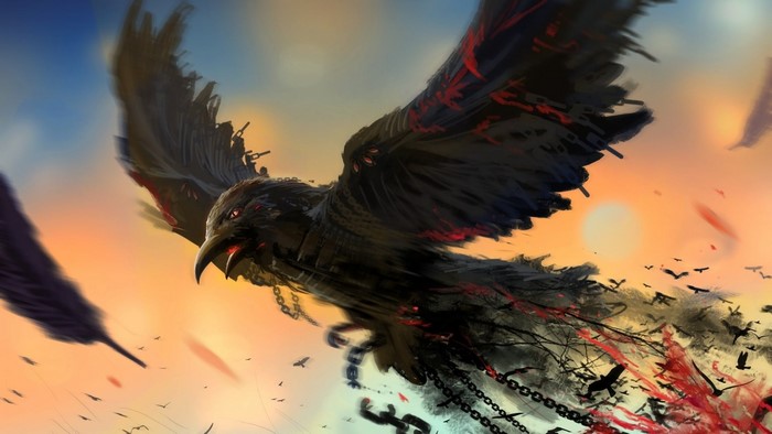 A dark bird with chains and blood in the sky