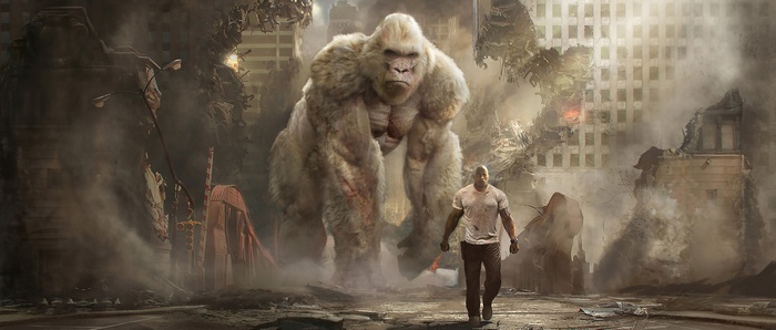 George the albino gorilla and Dwayne Johnson in Rampage