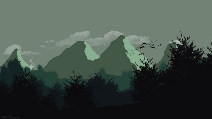 Mountains and forest with birds and clouds