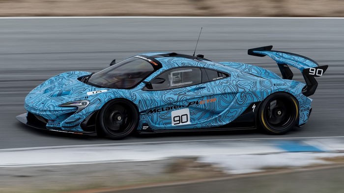 McLaren P1 GTR race car with blue camouflage livery