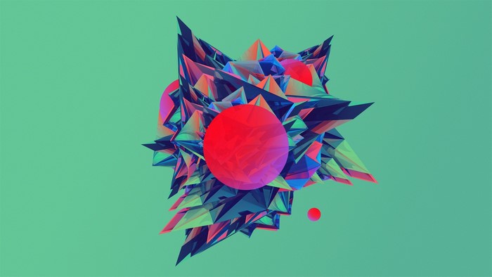 Abstract geometric sculpture with red spheres