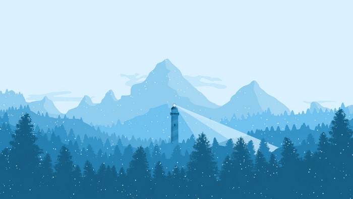 Minimalist winter landscape with lighthouse and mountains