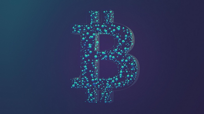 Bitcoin symbol made of blue spheres and lines