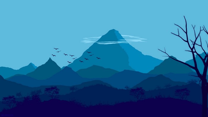Minimalist mountain landscape with birds and trees