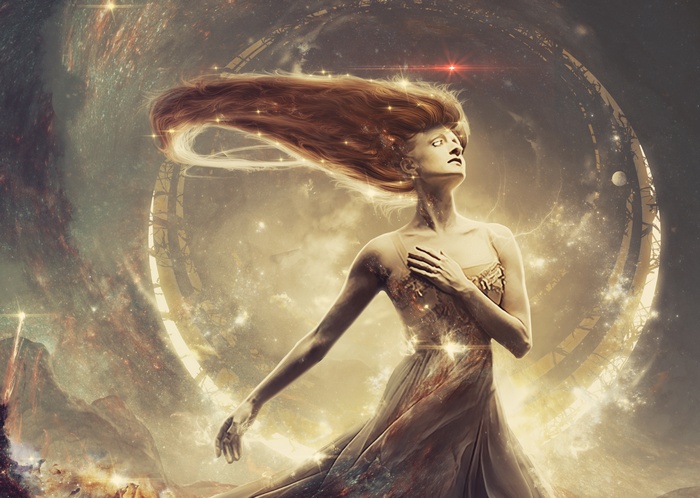 Woman with flowing hair in a nebula 4K