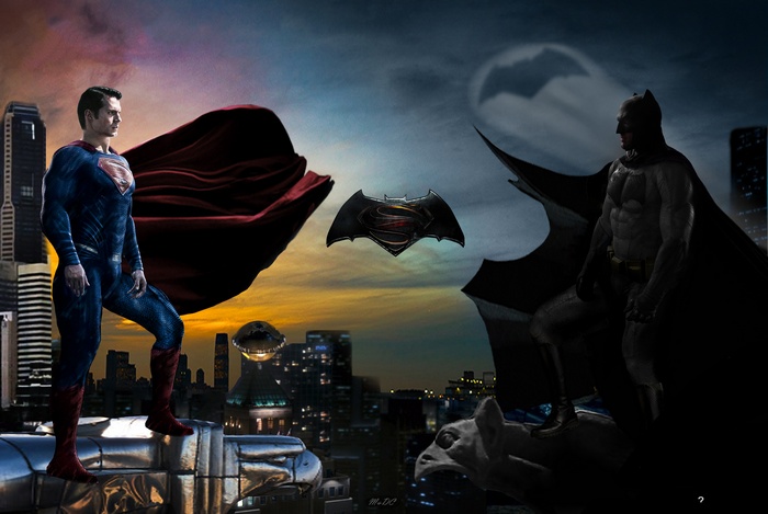Superman and Batman facing each other over a city