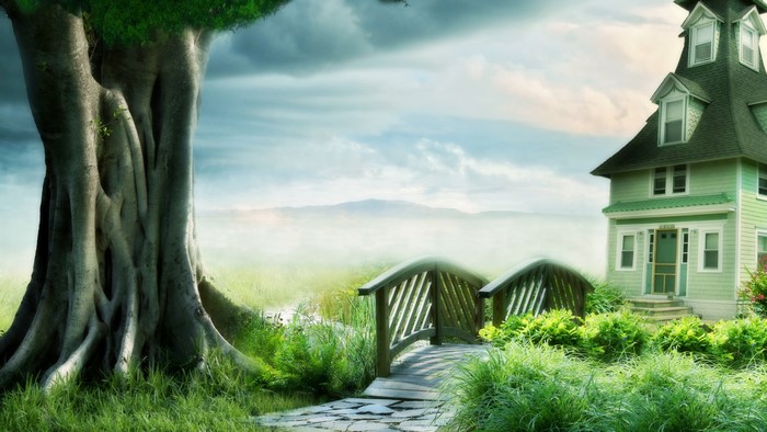 4K Tree and Bridge in Misty Landscape