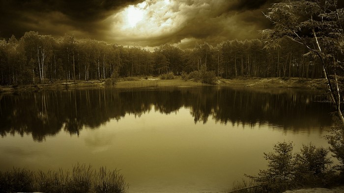 Lake with forest and stormy sky