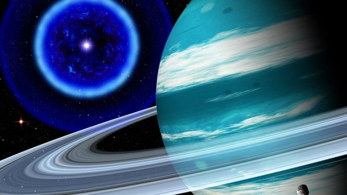 Blue star and ringed planet in space