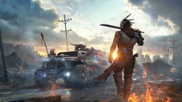 Post-apocalyptic warrior with sword and armored vehicle