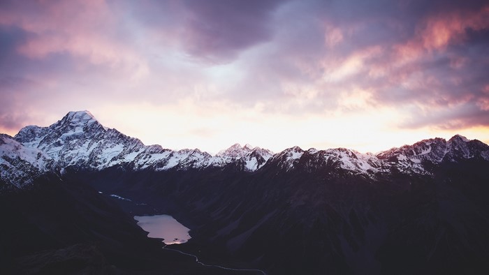4K Snowy Mountains and Lake at Sunset