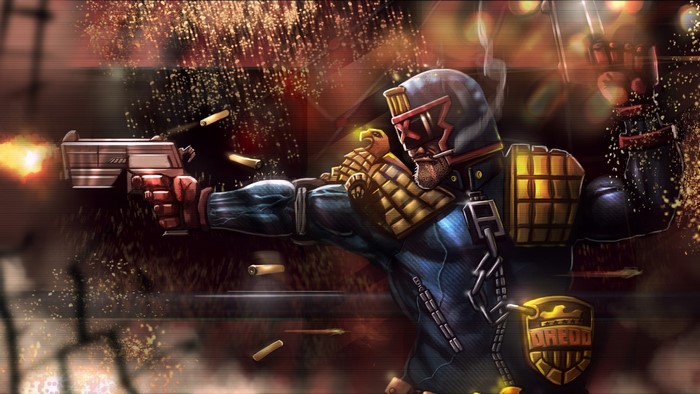 Judge Dredd firing his Lawgiver pistol