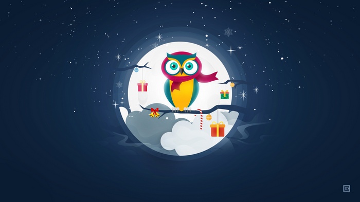 Christmas Owl on a Branch with Gifts