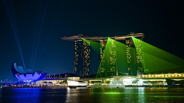 Marina Bay Sands hotel and ArtScience Museum with laser show