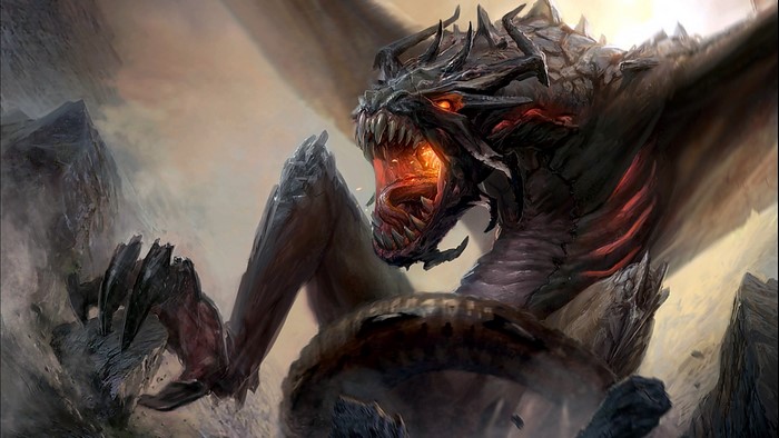Dragon with glowing mouth in rocky landscape