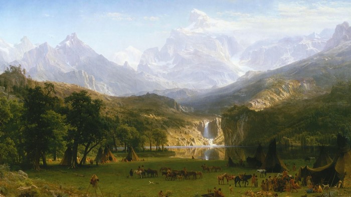Rocky Mountains Landscape with Native American Encampment