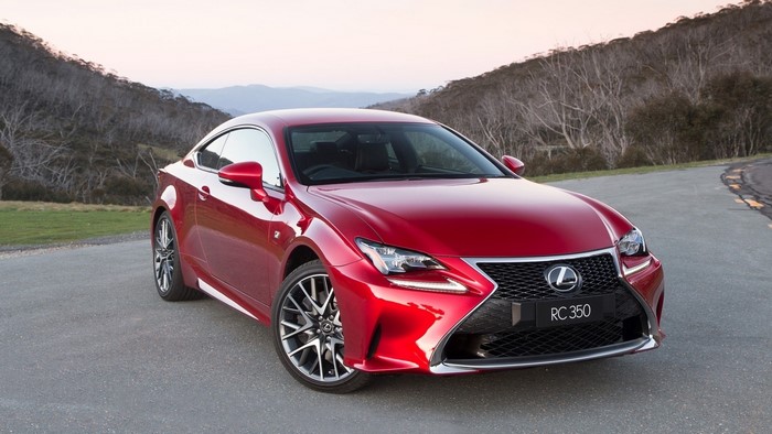 Red Lexus RC 350 parked on a mountain road