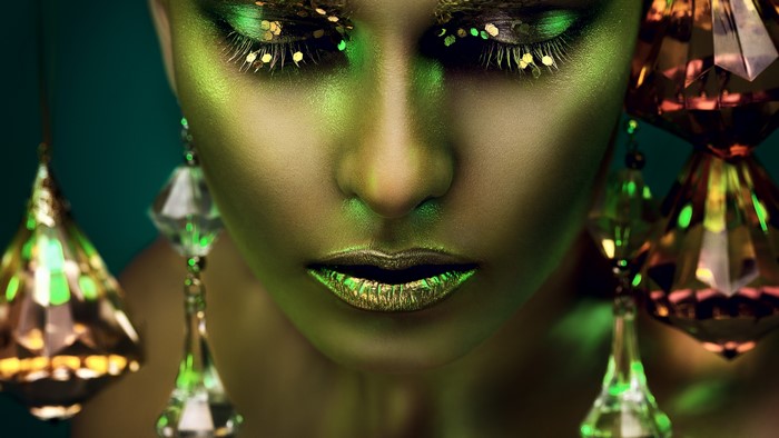 4K Golden Girl with Green Makeup and Jewelry