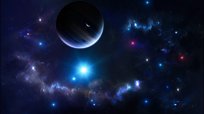 Planet and Moon in Nebula with Stars