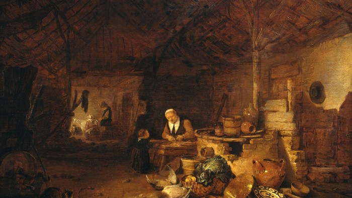 Peasant kitchen interior with figures and food