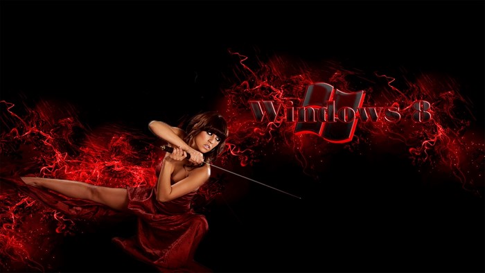 Woman with sword and Windows 8 logo