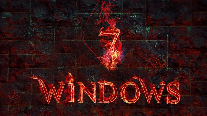 Windows 7 logo with fire and flowers on brick wall