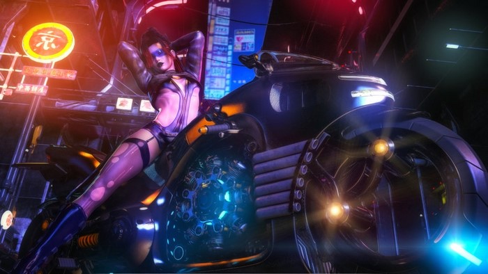 Cyberpunk woman on a futuristic motorcycle in a neon city
