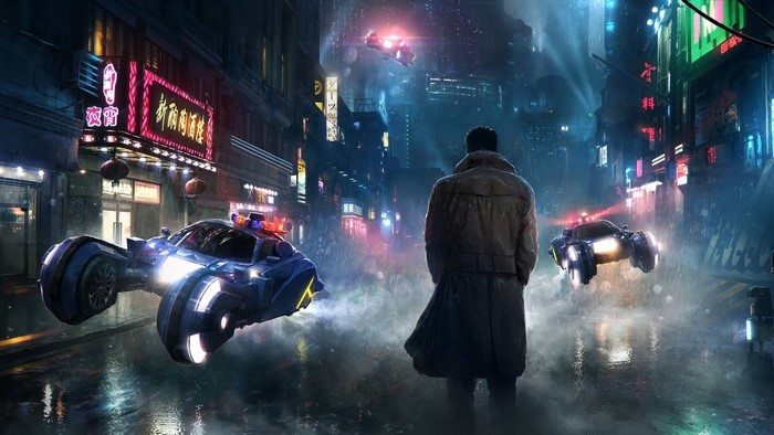 Blade Runner 2049 flying police cars and man