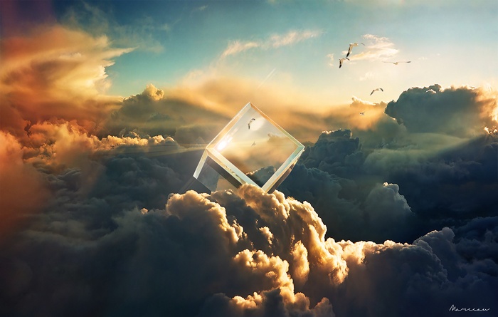 Crystal Cube Floating Among Clouds with Birds