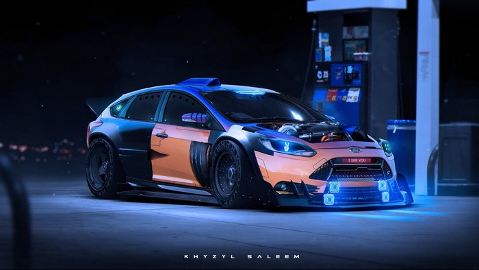 Modified Ford Focus ST at gas station