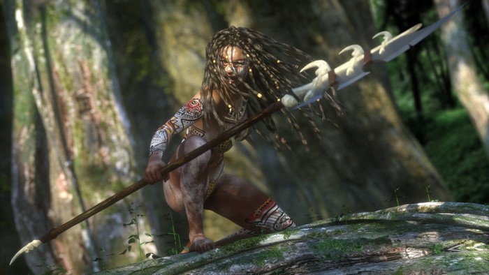 Tribal woman with spear in forest