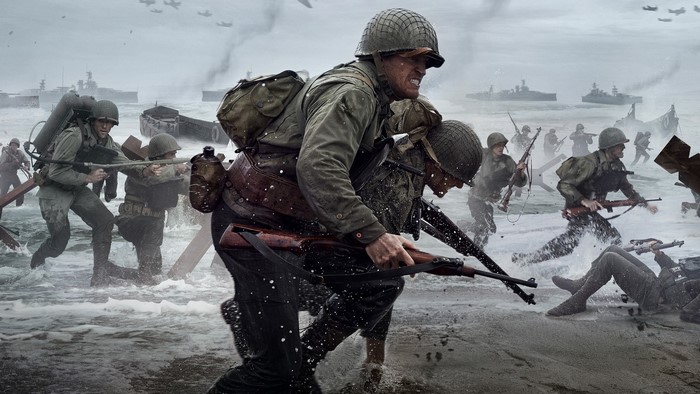 Soldiers storming a beach in Call of Duty World War II
