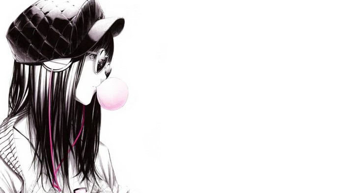 Girl with bubble gum and headphones