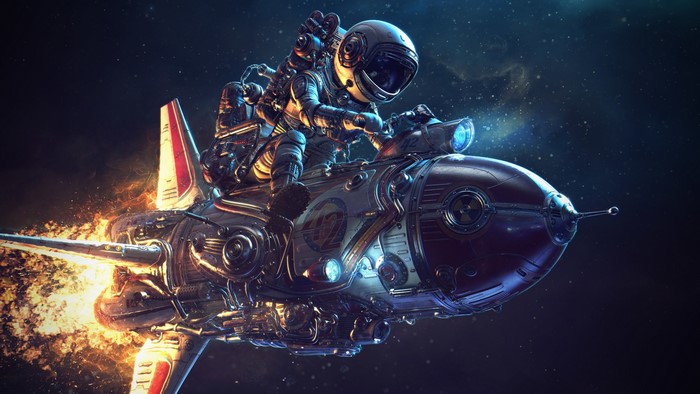 Astronaut riding a steampunk rocket in space