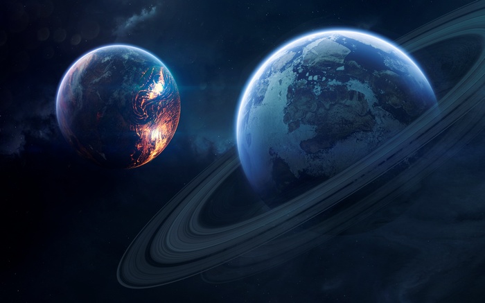 Two planets in deep space, one with rings