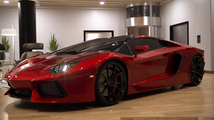 Red Lamborghini Aventador in a modern showroom