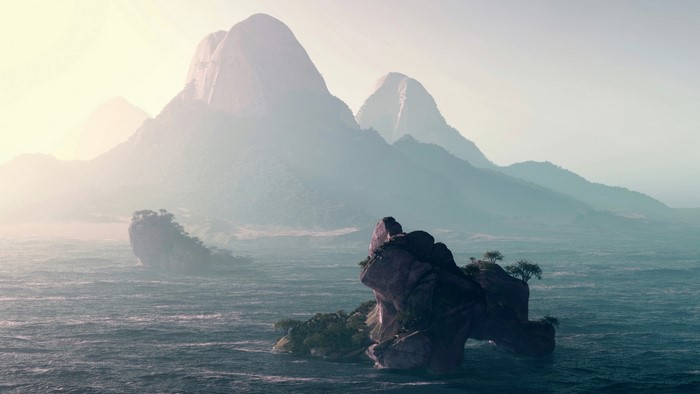 Ocean and mountains with rocky islands