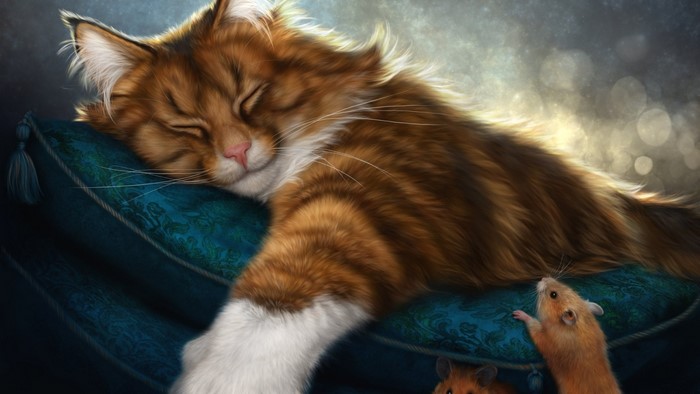 A sleeping cat with two mice