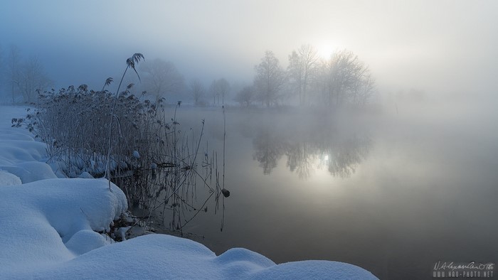 Winter fog over a lake with snow-covered shore