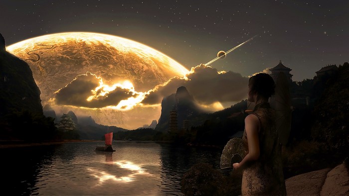 Fantasy landscape with planet and woman