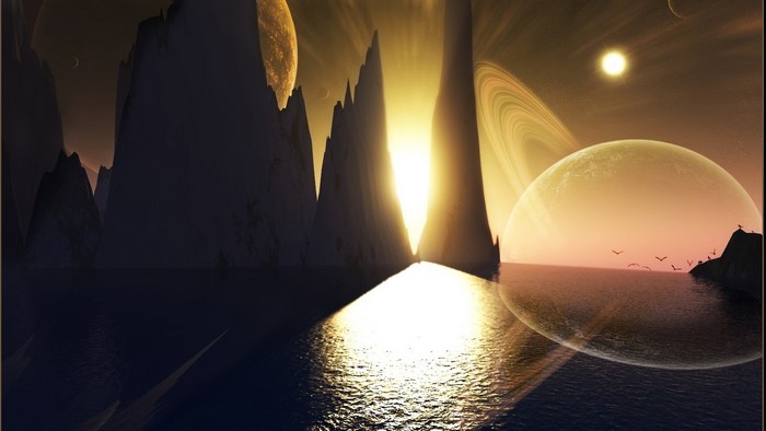 Fantasy alien landscape with planets and rings