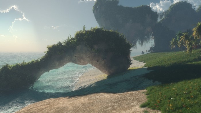 Arch rock formation over a tropical beach