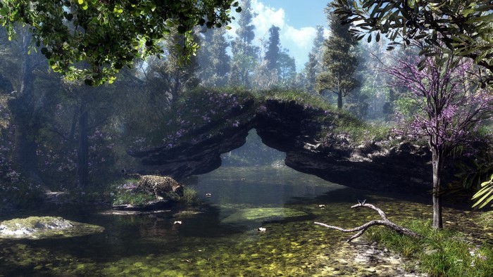Jaguar by a natural stone bridge in a forest