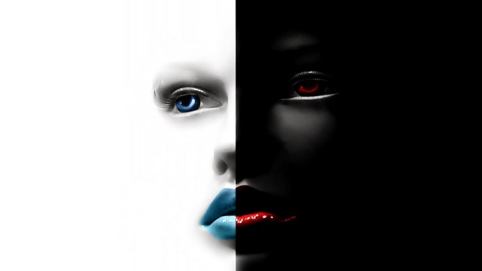 Abstract face with contrasting eyes and lips