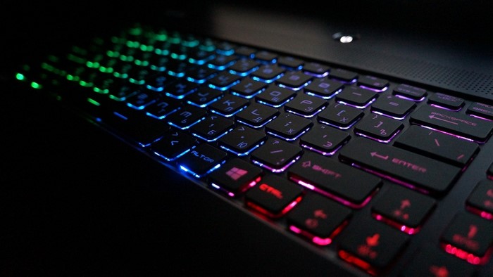 Close-up of a backlit gaming keyboard