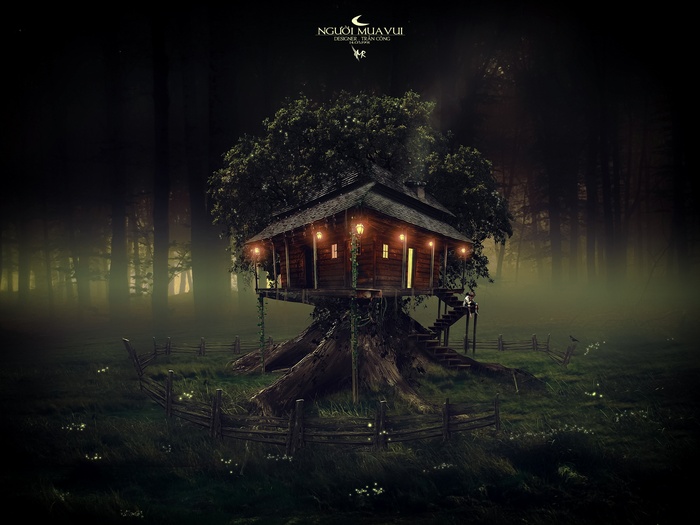 Tree house in a dark forest